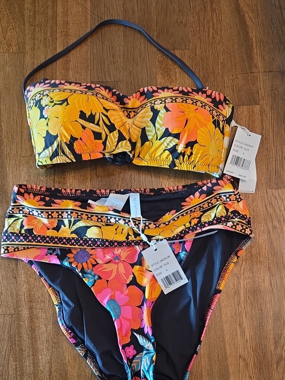Floral Bandeau Bikini Set - Black with Yellow & Pink Floral